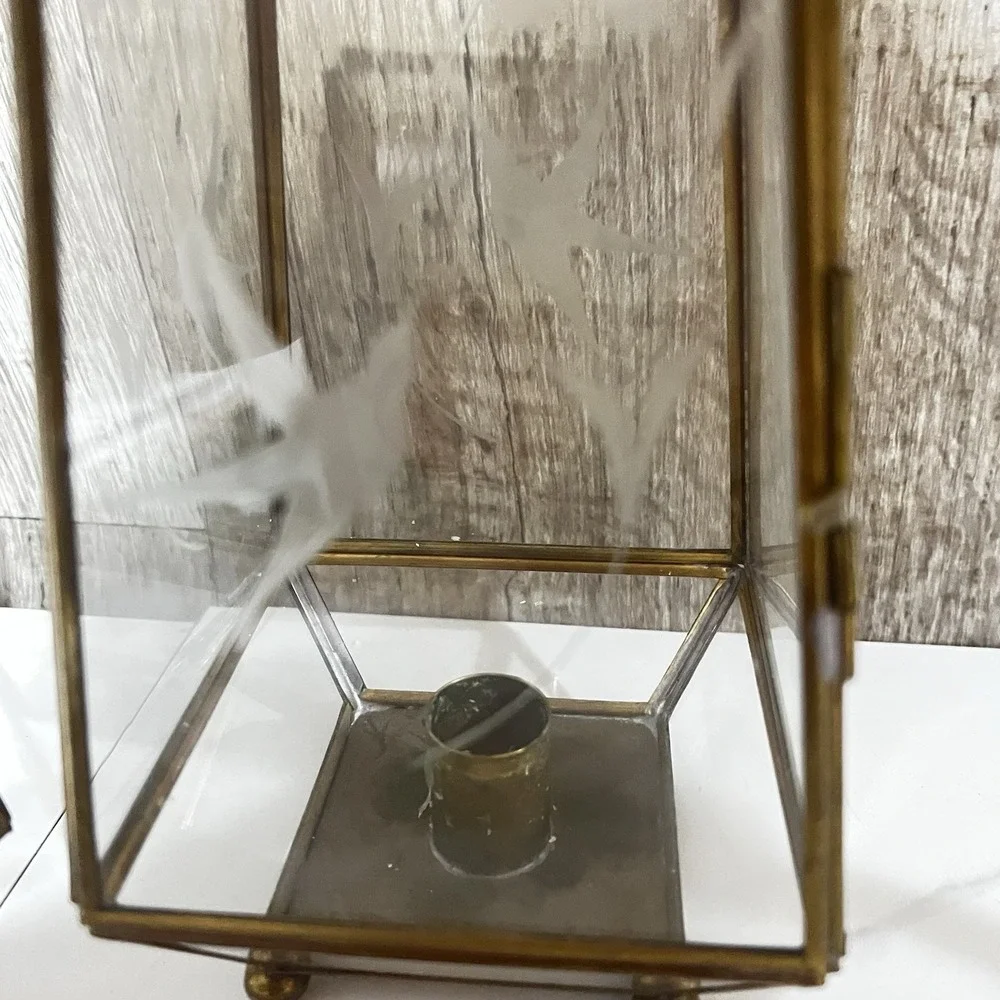 VTG Brass Etched Glass Lantern Candle Holder Lot of 2 Floral & Bird Etchings 7